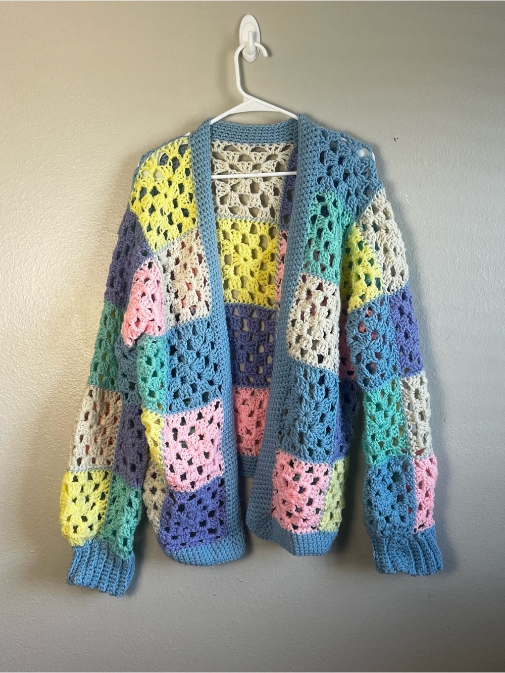Hand Crocheted Patchwork Bohemian Colorful Cardigan Open Front Sweater For Fall